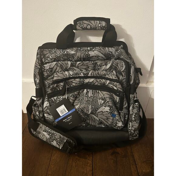 NWT Nurse Mates medical Backpack bag crossbody black white jacquard butterfly - Picture 2 of 4